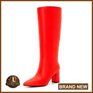 Wide Calf Knee High Boots PU Leather Chunky Heel Pointed Toe